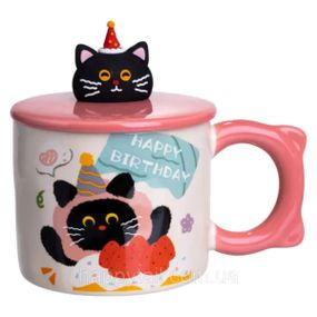 Чашка фарфоровая с крышкой Kitten's Birthday 400 (мл) подарочная кружка прикольная чашка для детей на подарок Розовый FM-24C