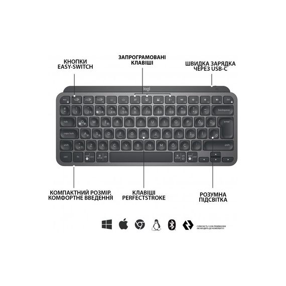 Клавіатура Logitech MX Keys Mini Minimalist Wireless, US, Graphite (920-010498) | Зображення 4