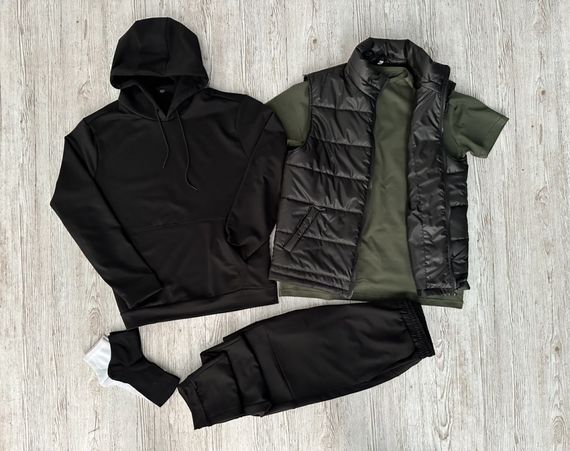 Комплект 5 в 1 базовий чорний худі + чорні штані + чорна жилетка + хакі футболка + 2 пари шкарпеток (чорні та білі)