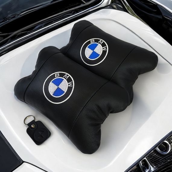 Авто подушки 2 шт — набор BMW из натуральной кожи, на подголовник в машину, Автомобильная OC-135 подушка БМВ | Зображення 8