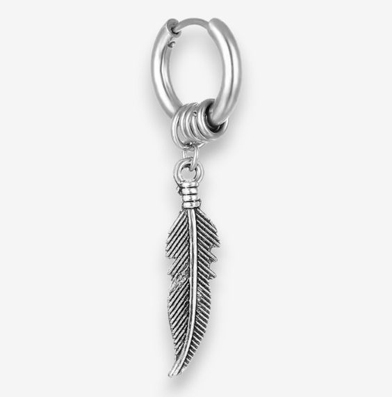 Срібляста сережка-кольцо з підвіскою пір’їнка зі сталі модна 4.5 см