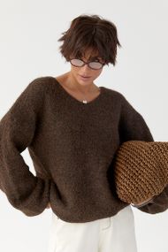 В’язаний жіночий джемпер з рукавами-ліхтариками - темно-коричневий цвет, ONE SIZE (є розміри)