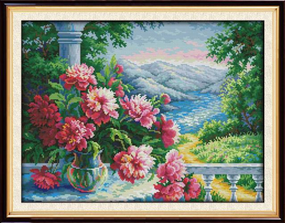 Набір для вишивання за нанесеною на канву схемою  "Vase with distant mountains". AIDA 14CT printed 48*37 см