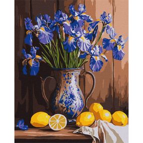 Картина по номерам "Ирисы в вазе и лимоны" Идейка KHO3319, 40x50 см