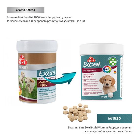 Витамины 8in1 Excel Multi Vitamin Puppy для щенков и молодых собак, мультивитамин, 100 шт | Зображення 1