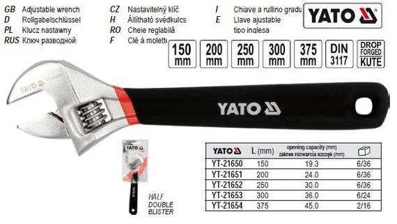 Ключ разводной розвидний гумова ручка L=300 мм YATO YT-21653