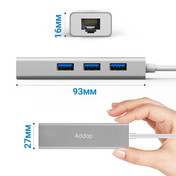 USB Type-C Хаб | адаптер на 3 порта USB 3,0 для ноутбука Addap MH-05, с интернет подключением Ethernet RJ-45 1000 Мбит/с | Зображення 6