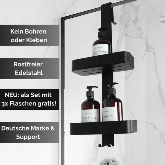 Полиця для душу QOSI з 3 флаконами, без свердління, з нержавіючої сталі, чорна | Зображення 4