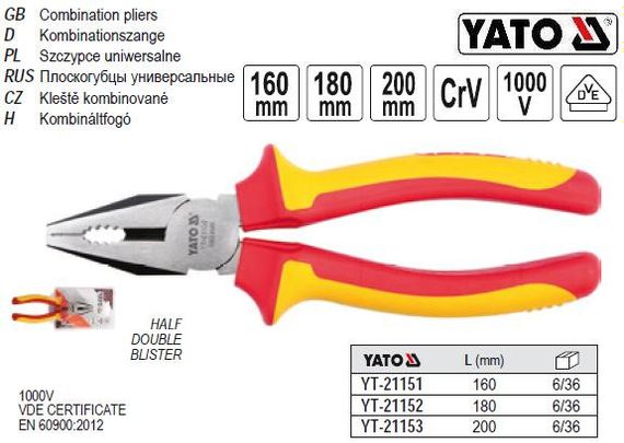 Плоскогубці ізоляція 1000V l=160 мм YT-21151