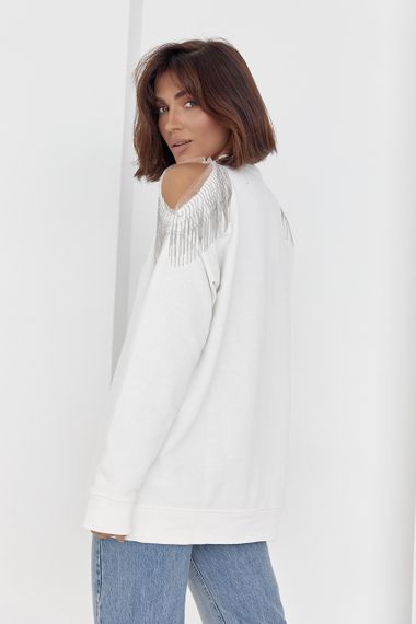 Жіноча кофта oversize з вирізами на плечах - молочний цвет, ONE SIZE (є розміри) | Зображення 1
