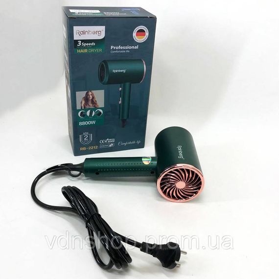 Фен с регулируемой скоростью и температурой Rainberg, Портативный фен для сушки, Электрофен с насадками IE-60 | Зображення 7