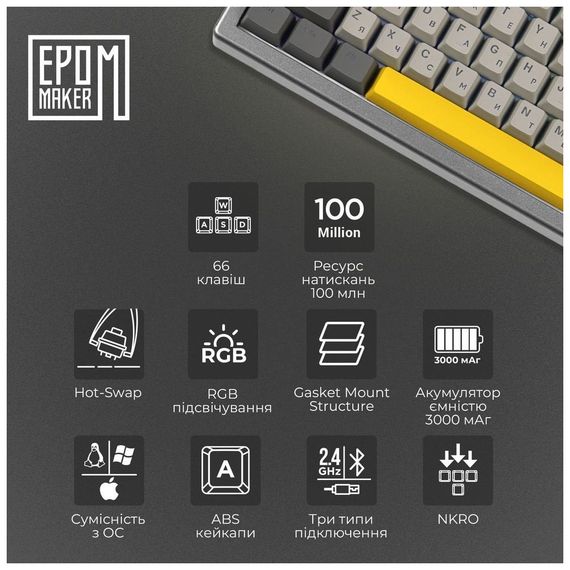 Клавіатура Epomaker EK68 65 Budgerigar V2 Switch Hot-Swap RGB Wireless/Bluetooth/USB UA Black (EK68-B-BV2) | Зображення 7
