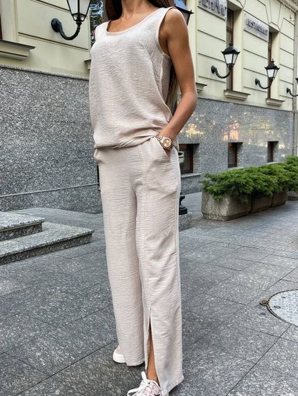 Женский летний брючный костюм с топом лен-жатка DK213 цвет бежевый, размер 42/44 | Зображення 2