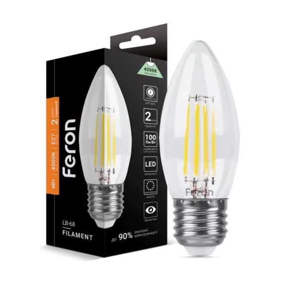Лампа LED 4W 4000K E27 С37 діммерна Filament Feron