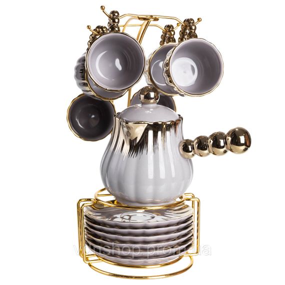 Кофейный сервиз на подставке с кофейником 450 (мл) 6 чашек по 90 (мл) подарочный набор чашек на подставке Серый с золотом FM-JJ-4 | Зображення 5
