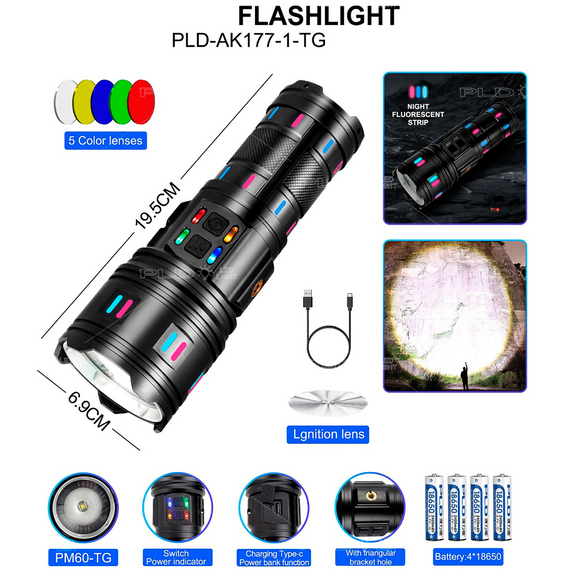 Ліхтар ручний із флуоресцентним забарвленням AK177-1, індикація заряду, zoom, Рower Вank, 4 АКБ 18650, ЗП Type-C | Зображення 2