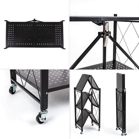Стелаж мобільний триярусний універсальний розкладний з нержавіючої сталі 89х72х34см Чорний SW-00002097 | Зображення 4