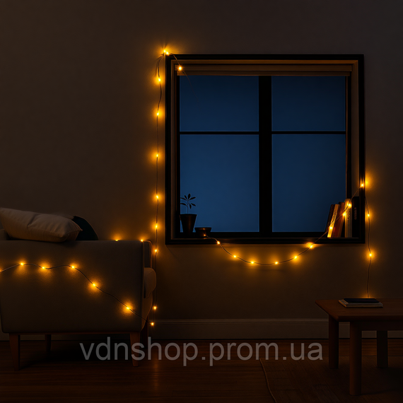 Новорічна кімнатна гірлянда нитка 6 м 50 LED чорний провід Жовтий W50LED6MBY | Зображення 2