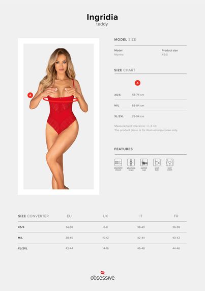 Боді з доступом Obsessive Ingridia crotchless teddy XS/S, червоне, відкриті груди | Зображення 4