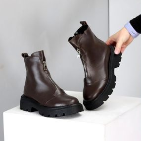 Теплые повседневные кожаные ботинки на молнии цвет Шоколад