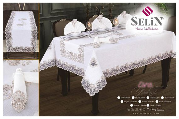 Лляна скатертина з ранером Selin Esra Set 160×220 см +12 серветок