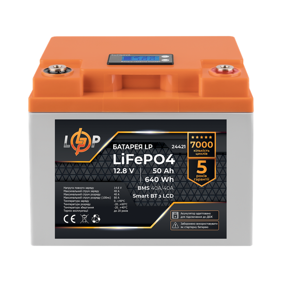 Аккумулятор LP LiFePO4 12,8V - 50 Ah (640Wh) (BMS 40A/40А) пластик LCD Smart BT