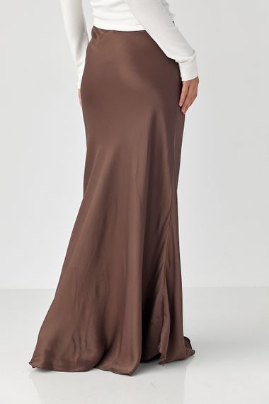 Жіноча атласна довга спідниця на резинці - темно-коричневий цвет, M (є розміри) | Зображення 1