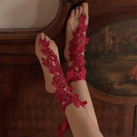 Кружевные цветочные гольфы с завязками XS/S/М/L (1,2,3,4) Бордовый – Эротическое бельё | Зображення 1