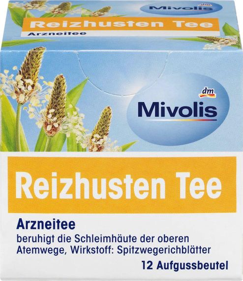 Лекарственный чай листьев подорожника Mivolis Reizhusten Tee – от раздражающего сухого кашля, 12 пакетиков