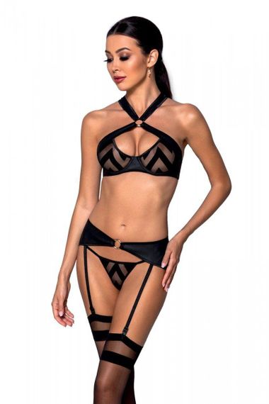 Сетчатый набор с узором, бюстгальтер, трусики, пояс для чулок Passion HIMA SET XXL/XXXL black sexstyle