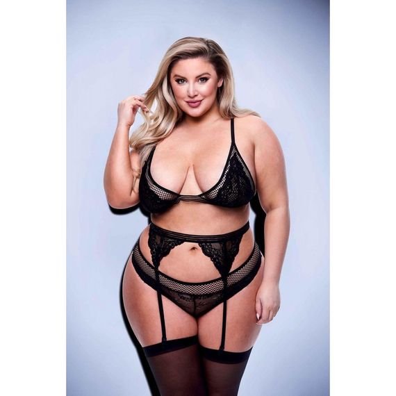 Комплект білизни та пояс для панчіх 3PC LACE & MESH BRA, GARTER & PANTY SET BLACK, QUEEN | Зображення 2