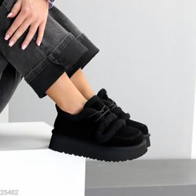 Трендовые теплые замшевые черные кроссовки-угги на липучке