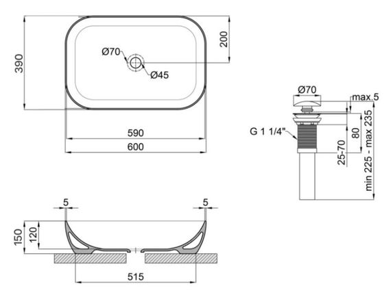 Комплект Qtap Robin: Раковина накладна прямокутна 600x390x150 мм White + Донний клапан PU02 (QT13112143PWN47297) | Зображення 1
