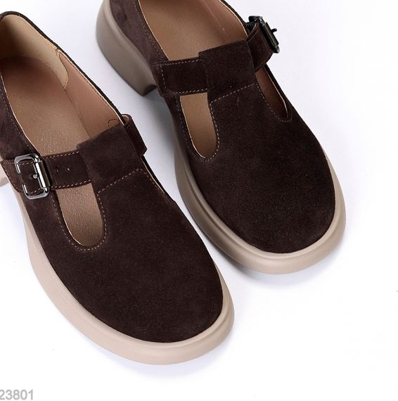 Замшеві демі туфлі на ремінці натуральна замша низький хід колір Шоколад | Зображення 4