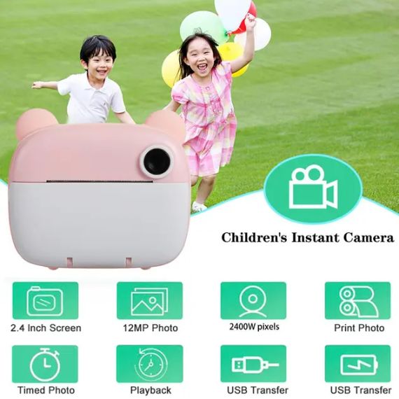 Рожевий Дитяча цифрова фотокамера миттєвого друку з термопринтером M&A-2000 | Зображення 1