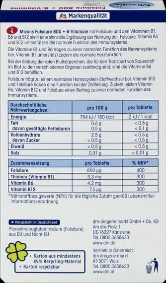 Комплекс витаминов Миволис Фолиевая кислота Mivolis Folsäure 800+В1+В6+В12 | Зображення 1