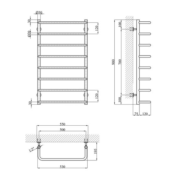 Сушарка для рушників водяна Kroner KRP Stil WT900x500-8 | Зображення 1