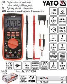 Мультиметр для вимірювання електричних параметрів YATO з LCD-дисплеєм і провідниковими контактами YATO-73085
