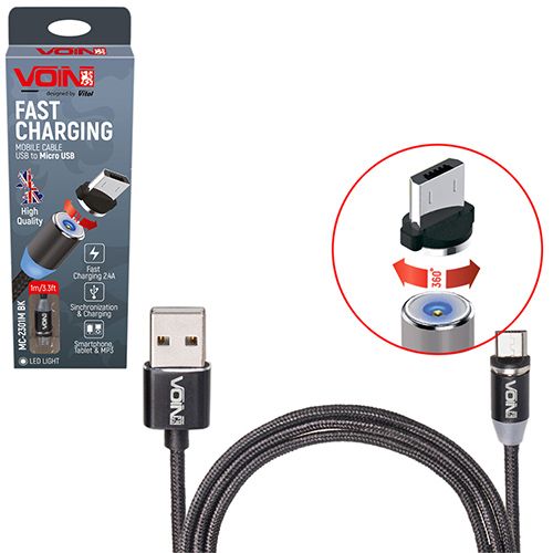 Кабель магнітний VOIN MC-2301M BK USB - Micro USB 2,4А, 1m, black (тільки зарядка)