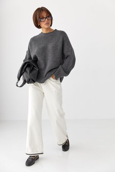 В’язаний однотонний джемпер вільного фасону - темно-сірий цвет, ONE SIZE (є розміри) | Зображення 2