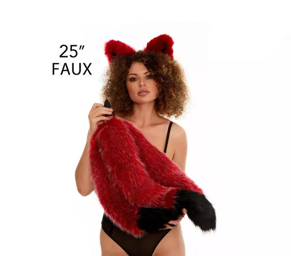 Анальний потрійний  хутряний хвіст без пробки, Темно-червоний з чорним кінчиком, OKOVA 60 см. sexstyle