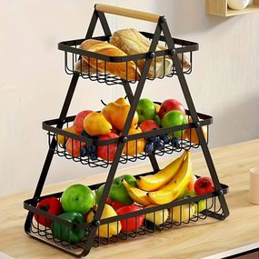 Настольная трехъярусная корзина - фруктовница с деревянной ручкой Triple Fruit Basket