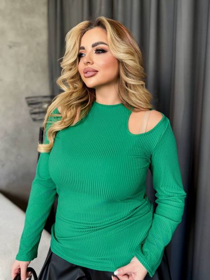 Женская кофта-лонгслив в рубчик с вырезами на плечах МТ357 цвет зеленый, размер 58/60 | Зображення 2