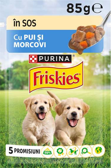 Вологий корм пауч Purina Friskies Junior pouch для цуценят, шматочки в підливі з куркою і морквою, 85г