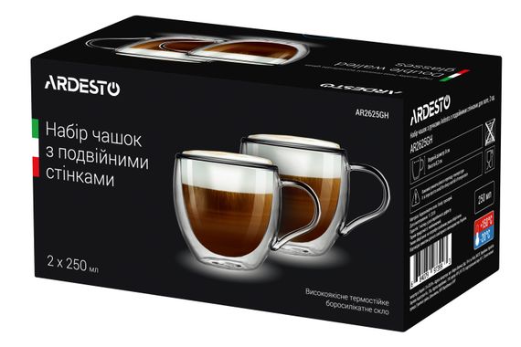 Набор чашек с ручками Ardesto с двойными стенками, 250 мл, H 8,2 см, 2 шт, боросиликатное стекло (AR2625GH) | Зображення 1
