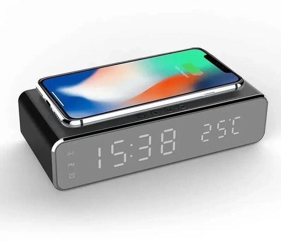 Беспроводная зарядка с LED часами Fast wireless charger&clock 10W черная