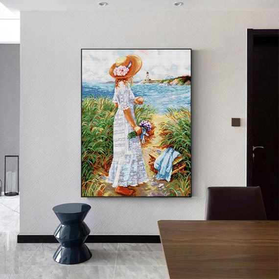 Набір для вишивання за нанесеною на канву схемою "Girl Holding Flowers By The Sea". AIDA 14CT printed 41*52 см | Зображення 9