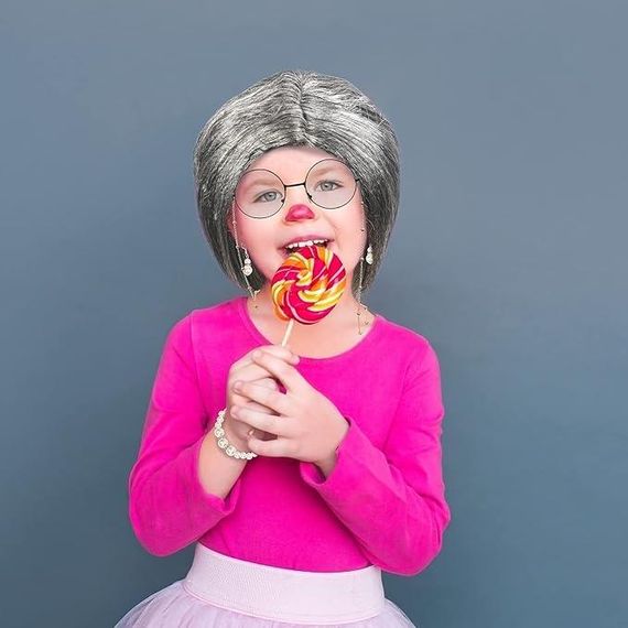 Перука бабусі сива з гулькою, комплект для образу старої леді з окулярами, намистом, сережками для виступів, косплею, Хелловіну | Зображення 3