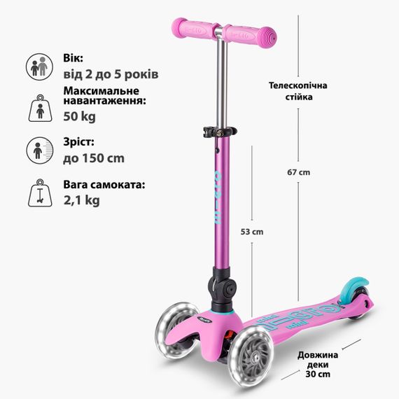 Складной самокат Лавандовый сон серия «Mini Deluxe Foldable LED» (3-х колесный, до 50 кг) | Зображення 5