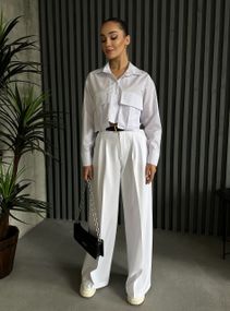 Женские широкие легкие штаны брюки палаццо со стрелками NA2012 цвет белый, размер 50/52